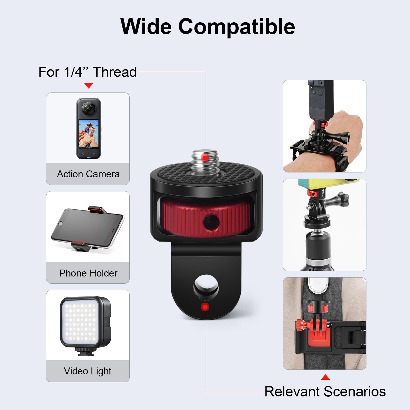 AdaptKit - 1/4" Aluminum Camera Mount Conversion Kit for Insta360 X4 X3/DJI Osmo Pocket 3/Go Pro 13/12/11/10,Lightweight Accessories Adapter for Tripod,Selfie Stick,Stabilizer & Action Gear -