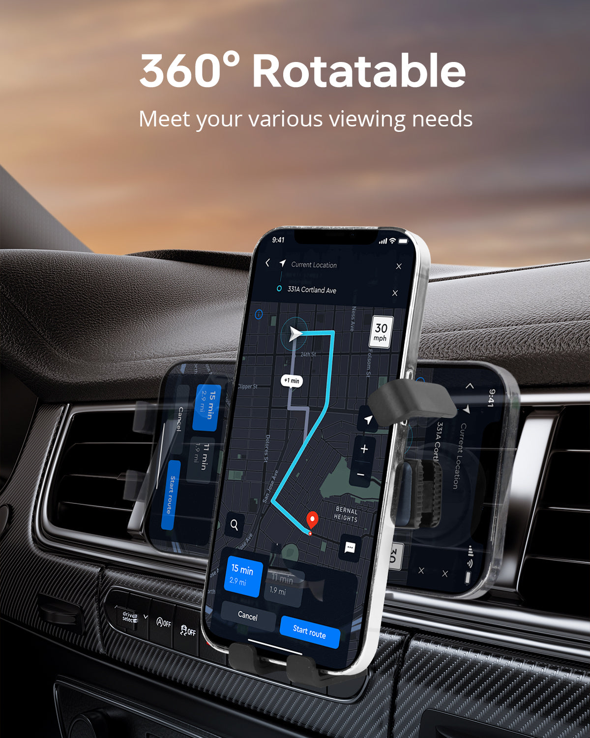 Anchor - Universal Auto-Lock Car Mount: 360° Adjustable, Vent Clip, No-Slip Grip -