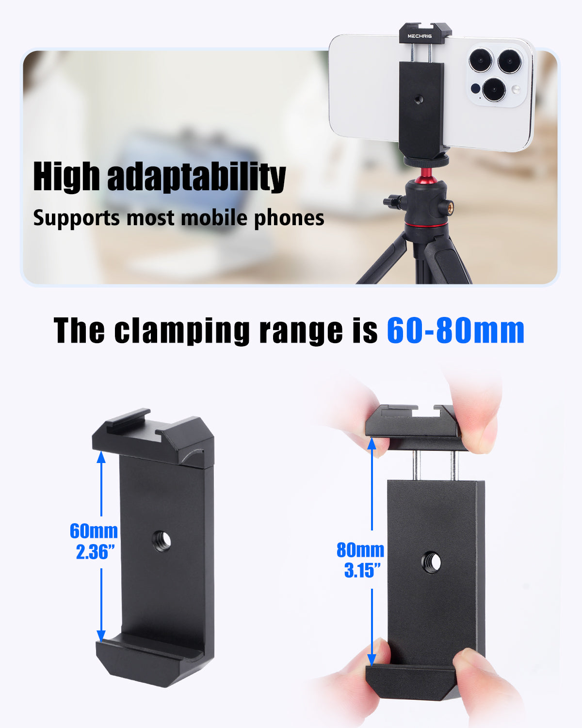 PortaClip - Portable Aluminum Alloy Cold Shoe Phone Clamp with 1/4' Screw Thread -