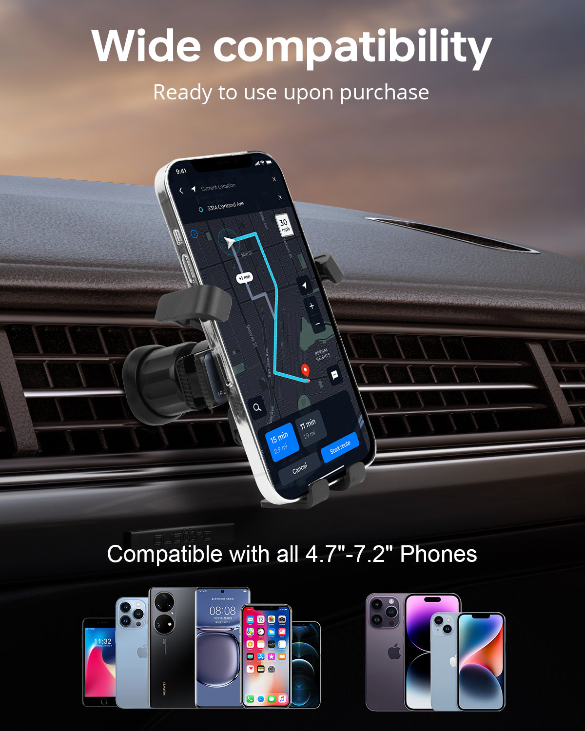 Anchor - Universal Auto-Lock Car Mount: 360° Adjustable, Vent Clip, No-Slip Grip -
