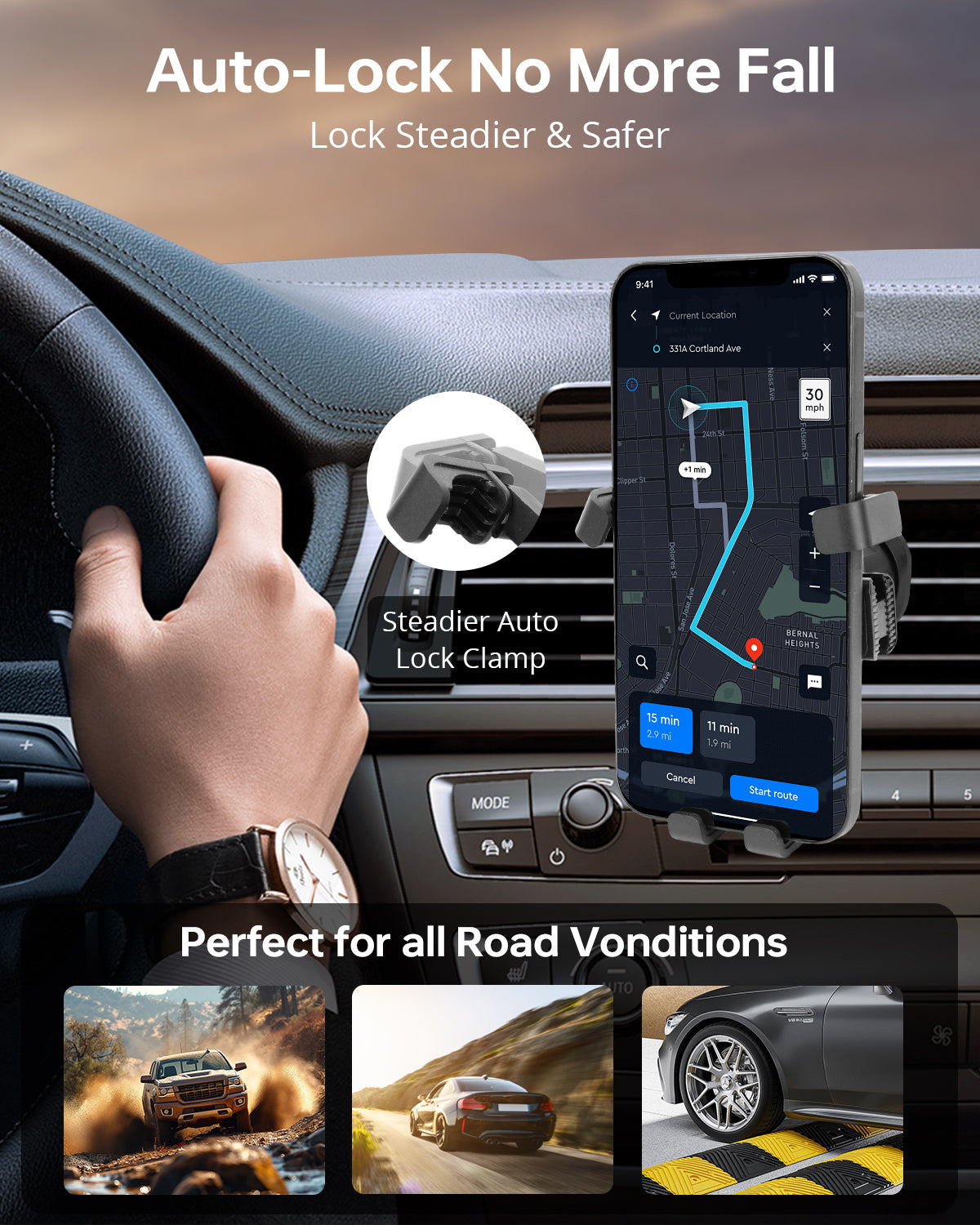 Anchor - Universal Auto-Lock Car Mount: 360° Adjustable, Vent Clip, No-Slip Grip -