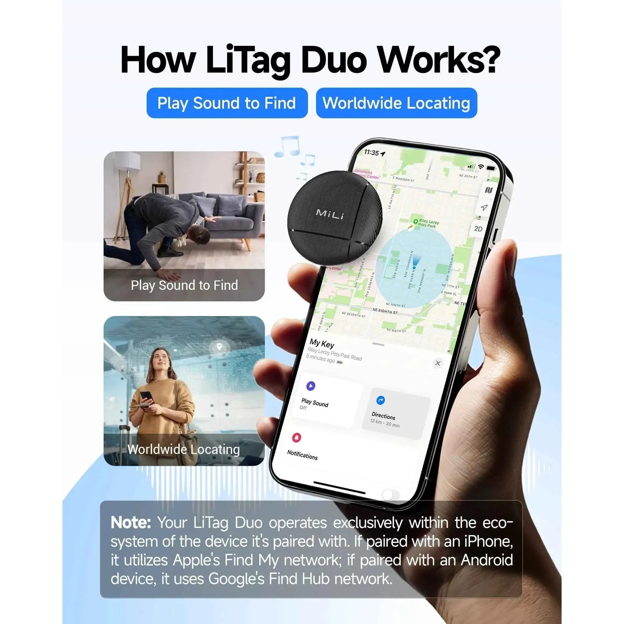 LiTag Duo Item Finder - Apple Find My & Google Find Hub