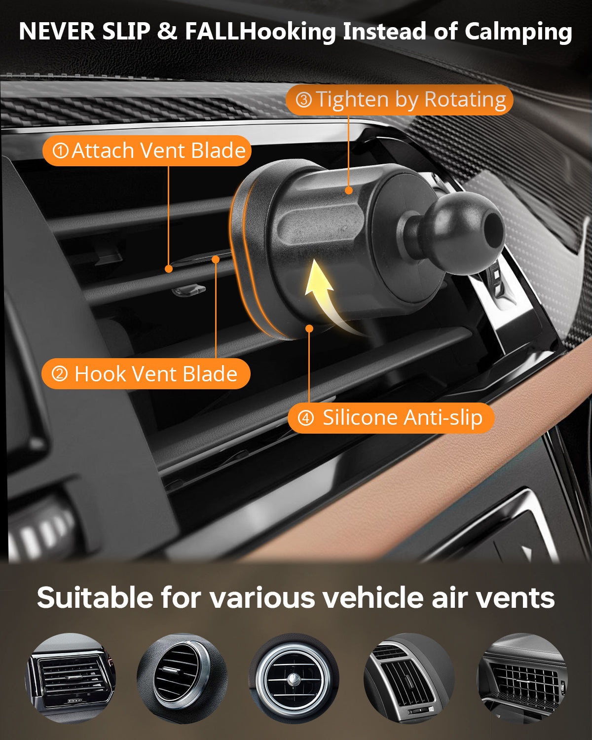 Anchor - Universal Auto-Lock Car Mount: 360° Adjustable, Vent Clip, No-Slip Grip - 