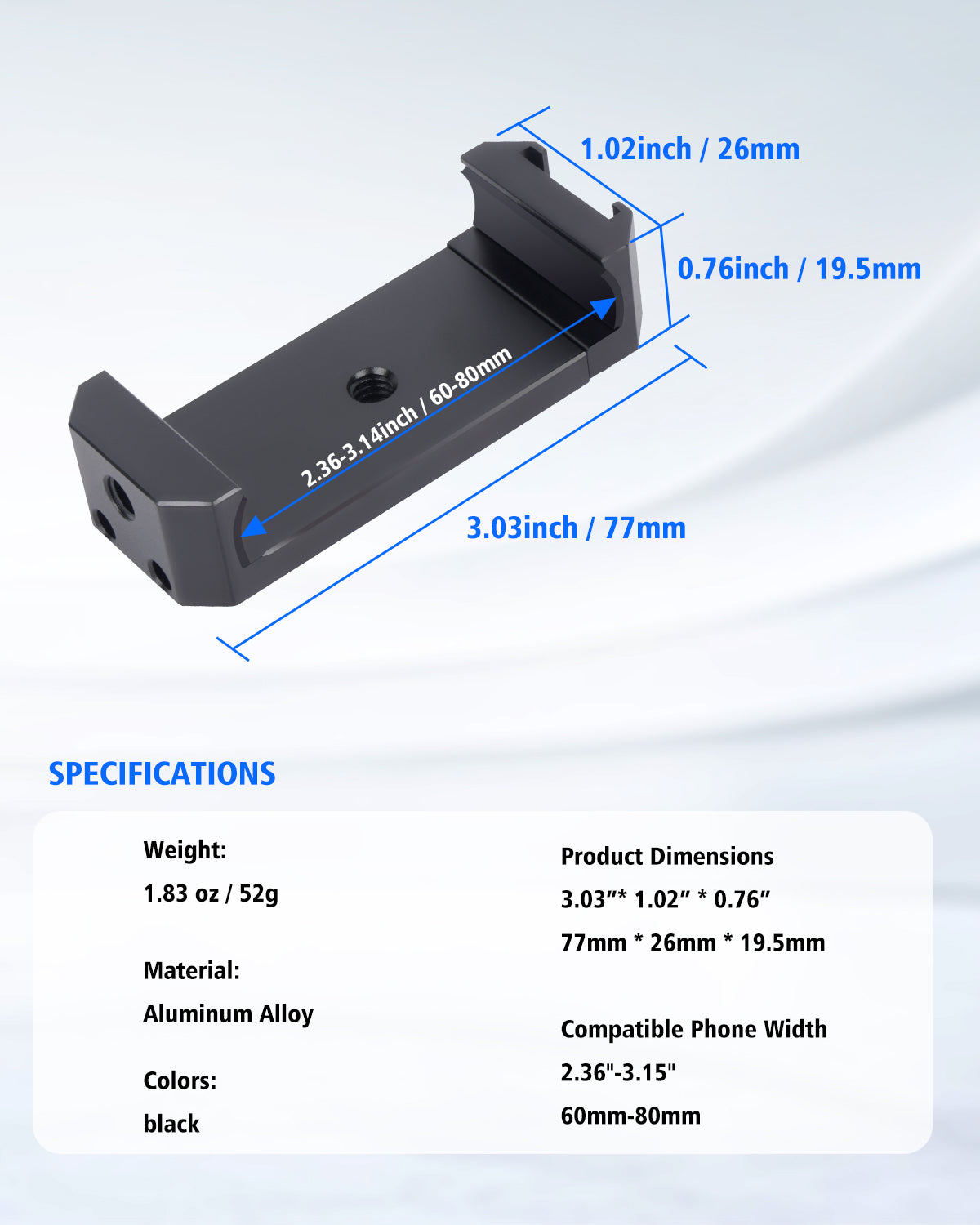 PortaClip -  Portable Aluminum Alloy Cold Shoe Phone Clamp with 1/4' Screw Thread - 