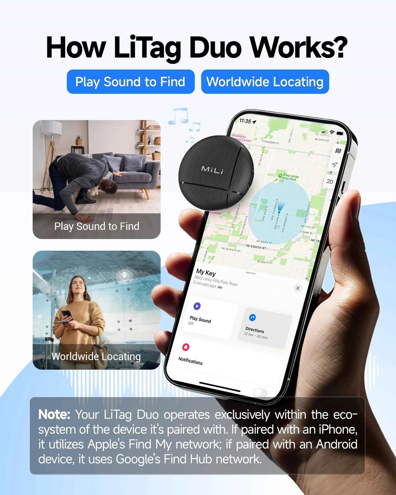 LiTag Duo Item Finder - Apple Find My & Google Find Hub