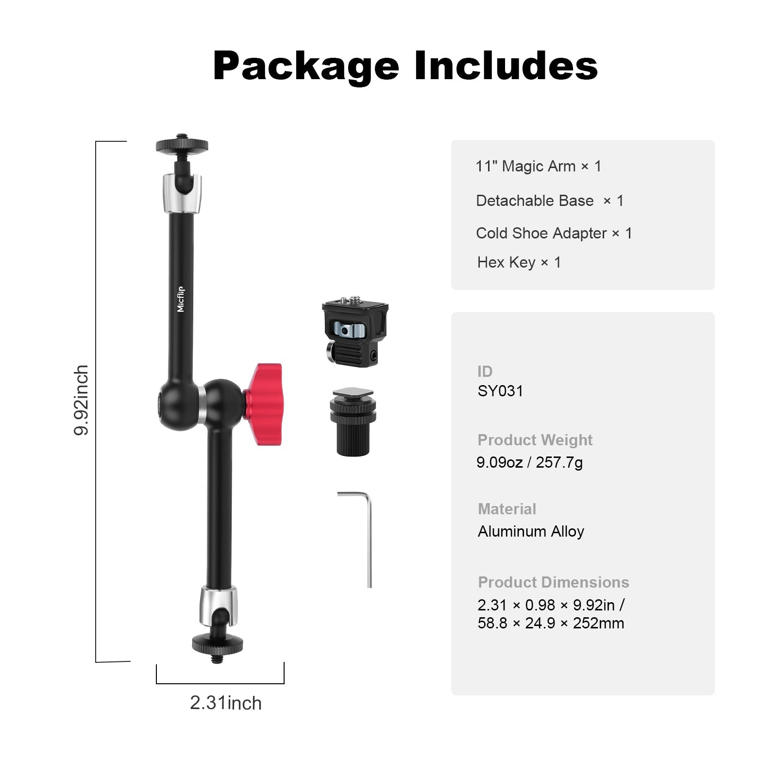MagicArm Pro - Aluminum 11" Articulating Magic Arm with 1/4" Screw and Cold Shoe Adapter - 